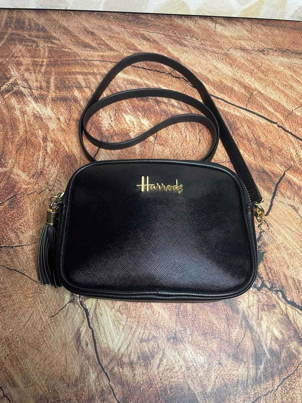 Harrods Black Saffiano Leather Crossbody Bag with Tassel